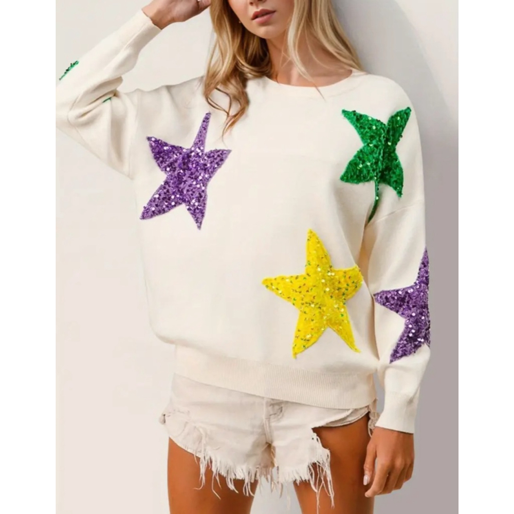 Mardi Gras Purple Green and Gold Sequin Star White Sweater - Picture 3 of 4